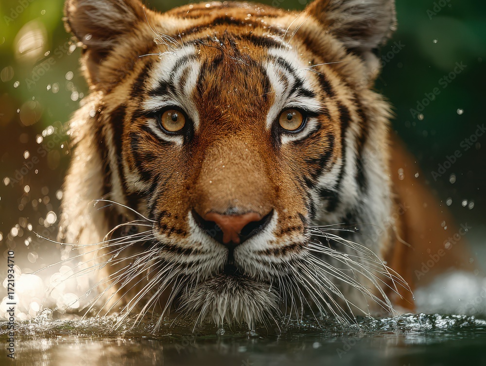 Naklejka premium Tiger wading through a forest stream at dawn