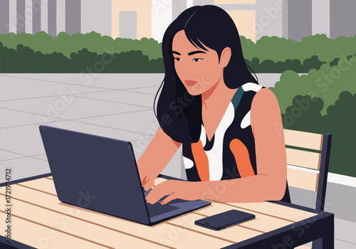 Woman working on a laptop outdoors at a cafe, modern lifestyle, digital nomad concept