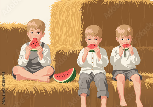 Three young boys enjoying slices of fresh watermelon while sitting on hay bales on a sunny day