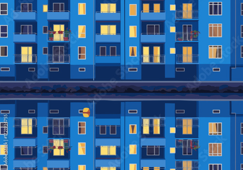 Abstract night scene of city apartment building facades with numerous illuminated windows creating a vibrant urban pattern
