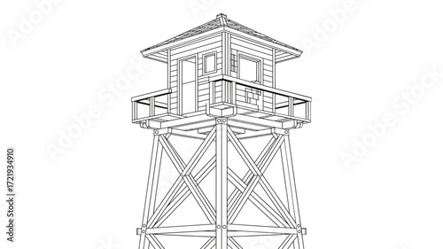 Detailed line drawing of a wooden guard tower with observation deck