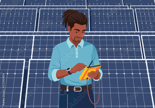 Solar Panel Technician Inspecting a Panel, Ensuring Energy Efficiency and Renewable Power
