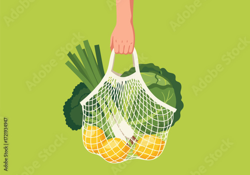 Eco-Friendly Grocery Shopping Hand Holding a Reusable Net Bag Filled with Fresh Produce
