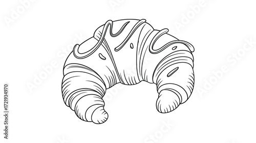 Hand drawn sketch of a delicious croissant with chocolate drizzle