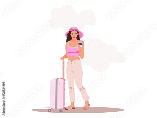 Pretty woman with luggage ready for vacation on the white background.