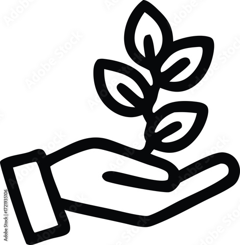 Hand gently holding growing plant symbol showing care nurturing growth and sustainability concepts clean icon