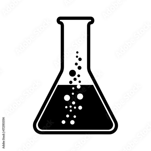 Silhouette of a chemical laboratory flask with bubbles on white background