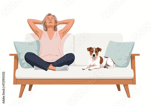 Relaxed senior woman meditating on a couch with her Jack Russell Terrier dog beside her