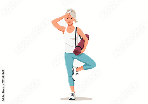 Healthy senior woman feeling tired after a fitness class, wiping sweat while holding a yoga mat. 