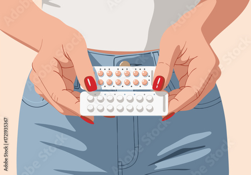 Woman holding two blister packs of oral contraceptive pills for birth control and family planning