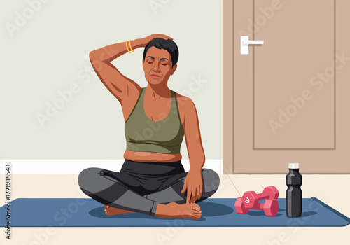 Woman practicing yoga and stretching her neck on a yoga mat to relieve stress and achieve relaxation