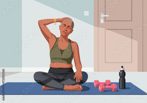Active mature woman doing neck stretches on a yoga mat for wellness and relaxation at home