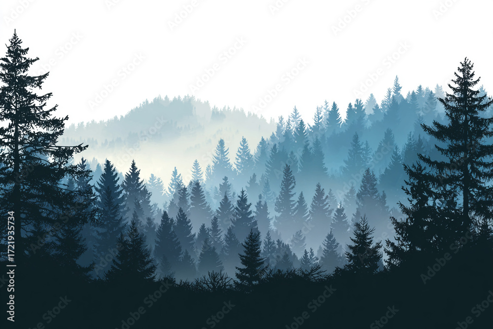 Obraz premium Misty mountain forest landscape serene nature scene trees fog hills