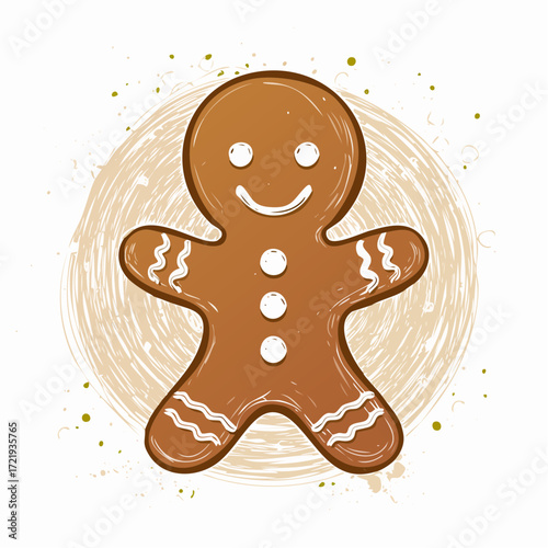 Charming Hand-drawn Kawaii Gingerbread Man Illustration with Chalk Texture for Christmas Celebrations