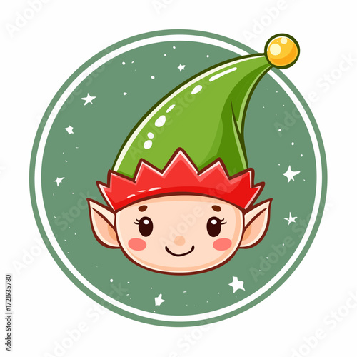 Christmas Kawaii Hand-drawn Chalk Elf Illustration with Stars and Green Border
