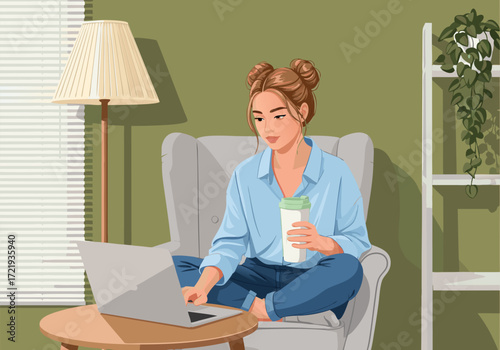 Relaxed Woman Working Remotely from Home, Enjoying Coffee and Laptop