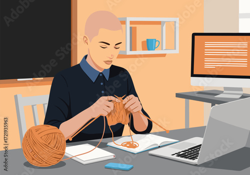 Bald woman knitting with yarn on laptop and computer desk