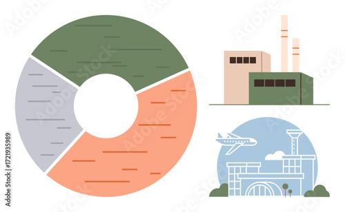 Circular graph with divided segments, an industrial factory, and an airport terminal with a flying plane. Ideal for economy, logistics, industry, transportation, data visualization, statistics