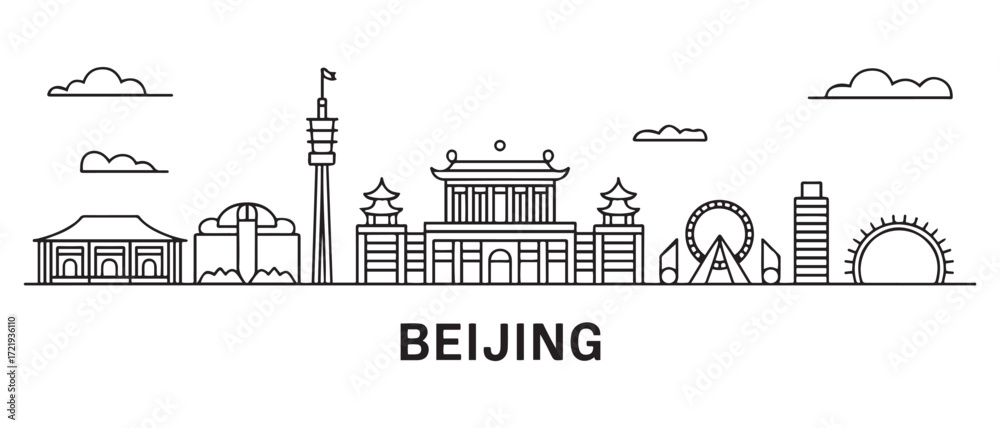 Naklejka premium Beijing city Line Art skyline banner. Beijing city, Netherlands. with white background