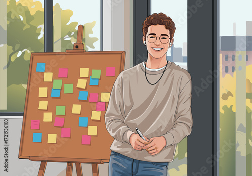 Smiling man standing next to a board with sticky notes, innovative ideas at work