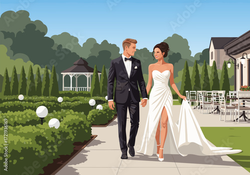Romantic illustration of a newlywed couple walking hand-in-hand in a beautiful estate garden