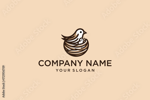 Birds Incubation Logo Design Template. Vector Illustration of Modern line art outline bird family. Vintage Modern Logo Line Art Design Template