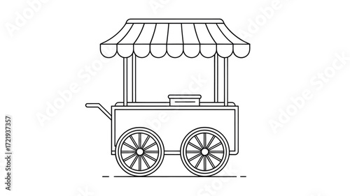 Simple outline drawing of a vintage food cart with awning and wheels