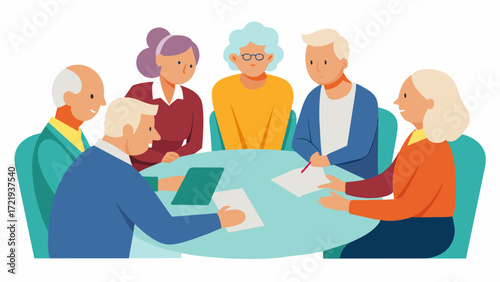 A group of seniors sitting around a table some actively participating in the brainstorming session while others look lost and overwhelmed.. Vector illustration