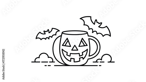 Halloween jack o lantern mug with flying bats and clouds outline