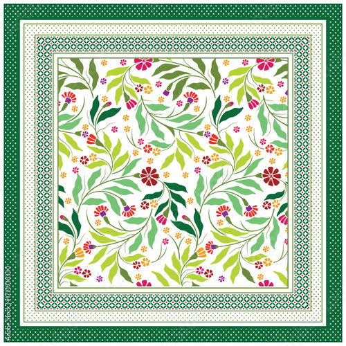 A vibrant square bandanna floral pattern featuring green leaves and colorful flowers, framed by decorative borders in shades of green and white.