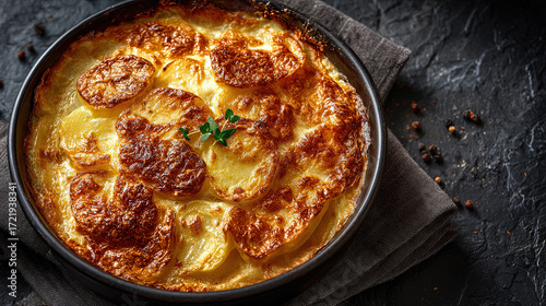 Gratin dauphinois Creamy potato gratin in dish