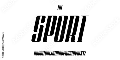 Condensed sport alphabet, bold tall metallic letters, high tall font for modern automotive identity, robust utilitarian design, robust typographic style. Vector typeset.