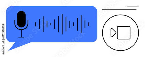 Microphone, audio waveform inside speech bubble, video camera icon. Ideal for communication, recording, streaming, voice messages, teamwork, conferencing technology simple flat metaphor