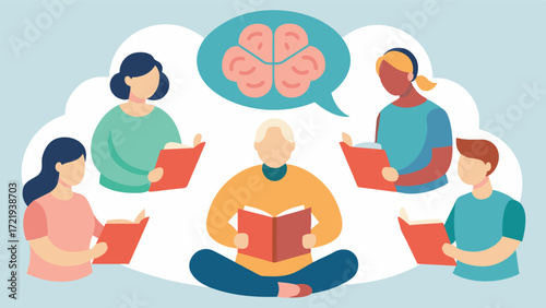 A group of individuals with brain injuries participating in a storytelling circle as part of their rehabilitation process. The activity helps them improve their memory language and. Vector