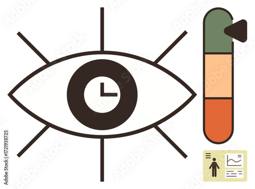 Eye with centered clock, bar meter with color segments, and figure icon with graph. Ideal for productivity, focus, time optimization, tracking, efficiency, project management simple flat metaphor