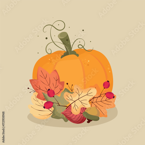 Pumpkin with colorful autumn leaves, berries, acorn. Fall vector illustration.