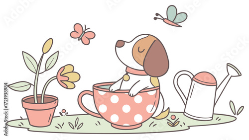 Peaceful Dog with sitting in a teacup ride, set in a charming Spring garden theme – Spring Garden color vector art