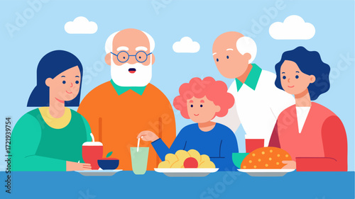 A family gathering with an elderly couple sitting at the table surrounded by their loved ones enjoying a homecooked healthy meal. This illustration showcases the importance of a. Vector illustration
