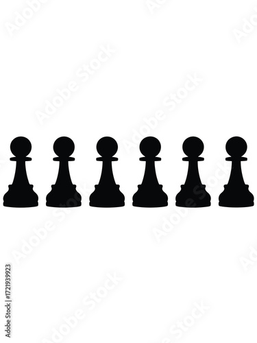 Six black chess pawns lined up against white background