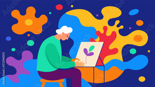 A person with Alzheimers disease sitting in front of a canvas covered in vibrant colors and abstract shapes. As they create art it engages their memory and motor skills potentially. Vector