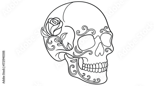 Ornate sugar skull with rose illustration for day of the dead