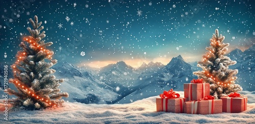 Snowy Mountain Scene With Decorated Trees and Gift Boxes During Winter Holida...
