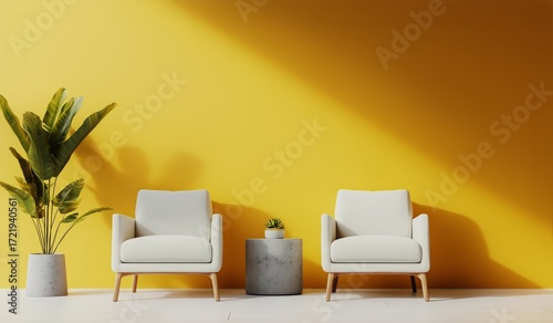 Charming Living Room With Bright Yellow Wall and Cozy Seating Area for Relaxa...