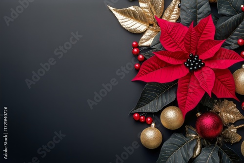 Bright Holiday Decorations With Red Poinsettia, Ornaments, and Gold Leaves on...