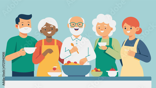 A group of seniors engaged in a friendly cooking competition following a recipe with specific ingredients and measurements to stimulate their attention to detail and provide a fun. Vector illustration
