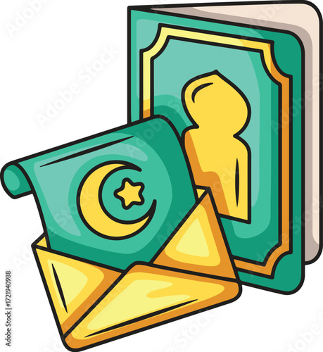 Islamic book envelope and scroll with crescent moon and star
