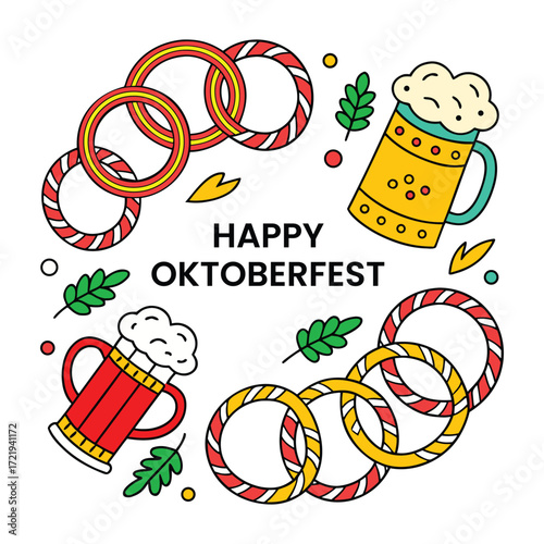 Happy Oktoberfest celebration with beer mugs and pretzels in a festive circle