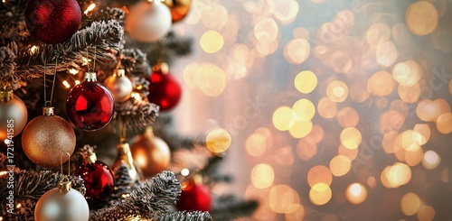Decorated Christmas Tree With Ornaments Glowing Against a Backdrop of Soft Bo...