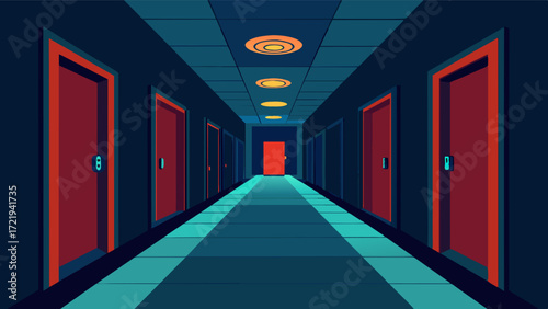 A dimly lit hallway with closed doors each door representing a different stage of cognitive decline with increasingly limited access to memories and abilities as one progresses. Vector illustration