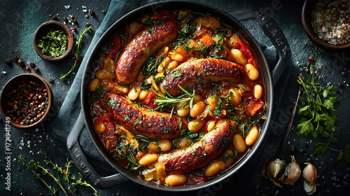Cassoulet Slow-cooked casserole of sausage and white beans in casserole dish placed at the center of a dark textured background, 